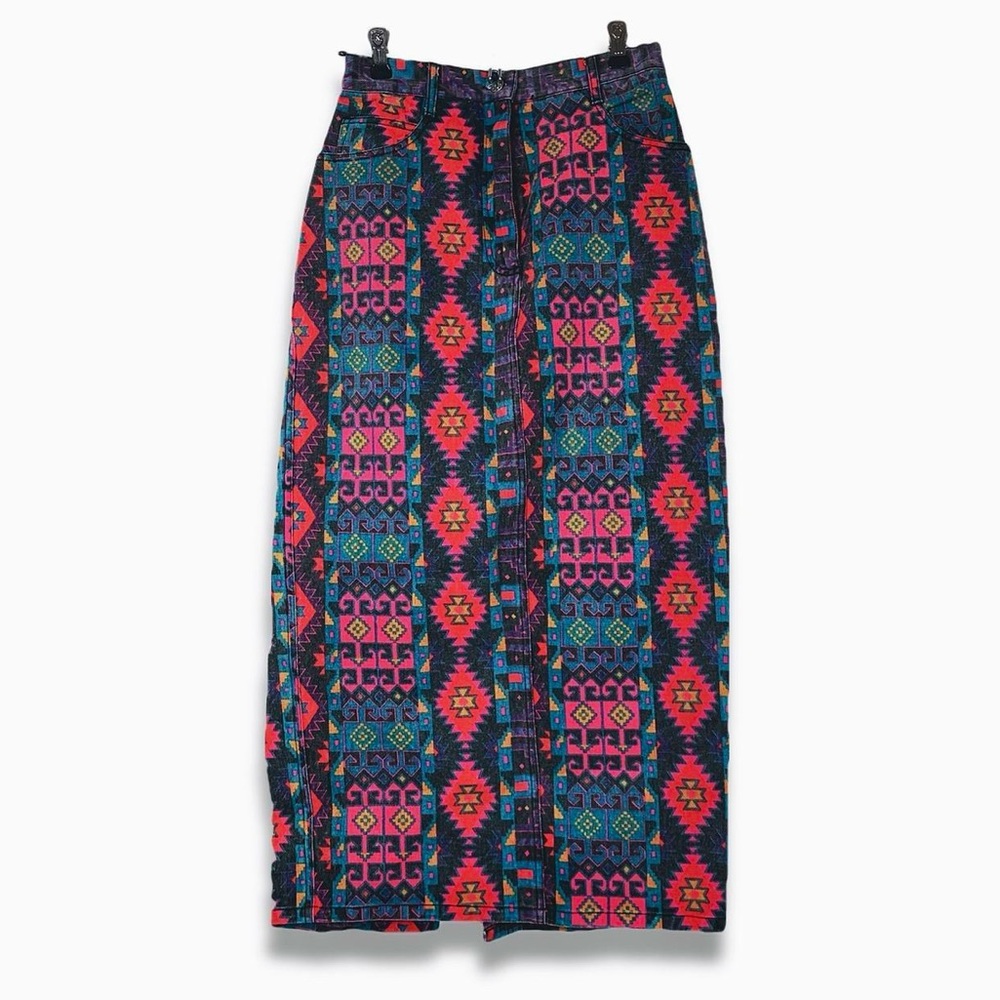 Vtg 90s Rainbow Ikat Denim Adobe Rose Maxi Skirt